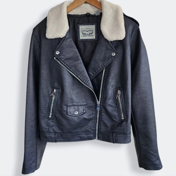 Levi’s | Faux Leather Moto Jacket Black Sherpa Collar Womens XL Vegan Retro - Picture 1 of 13